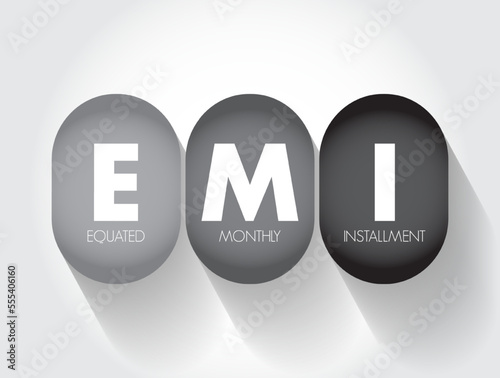 EMI Equated Monthly Installment - fixed payment amount made by a borrower to a lender at a specified date each calendar month, acronym text concept background