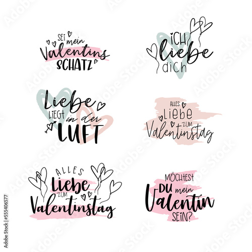 Valentines day german language lettering, various sayings like "Be my Valentines" or "Happy Valentine's Day", lovely handwriting, great for cards, gift tags