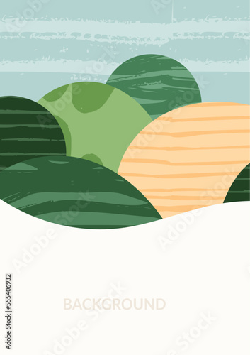 Green farm agriculture field template. Agro design vector layout. Abstract eco poster. Vertical ecology background. Eco countryside, hill shape, decoration organic farmland, nature art template