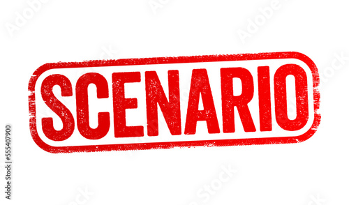 Scenario is a synoptical collage of an event or series of actions and events, text stamp concept background
