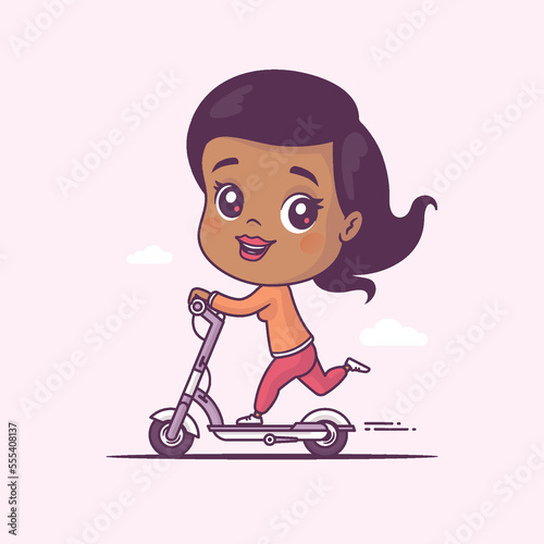 Young woman driving an electric scooter. Indian ethicity, person of color vector cartoon illustration, chibi style photo