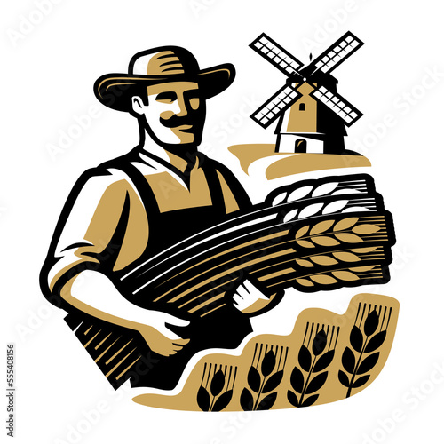 Farmer holding bunch of wheat. Bread flour logo. Agriculture, farm organic food emblem. Design element for bakery shop