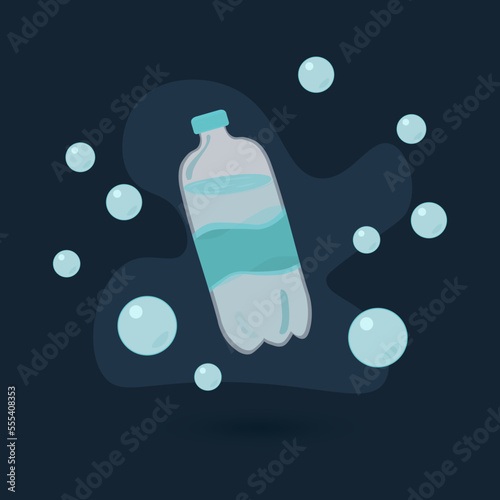 Plastic bottle on a blue background with water in a cartoon style.  Vector illustration.
