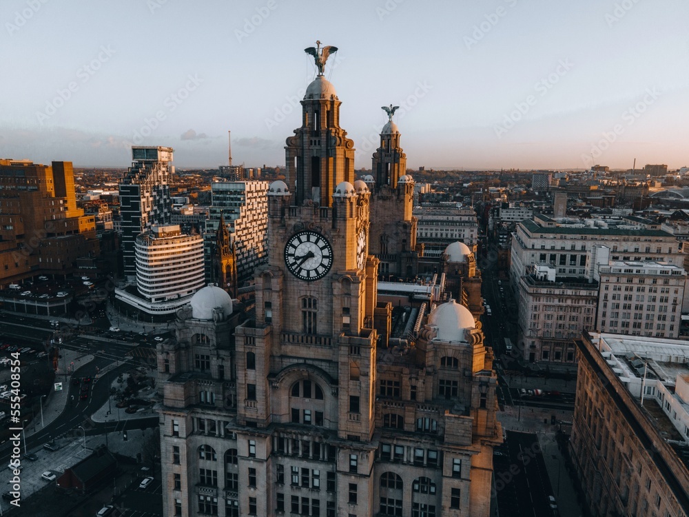 Royal Liver Building in Liverpool, England by Drone