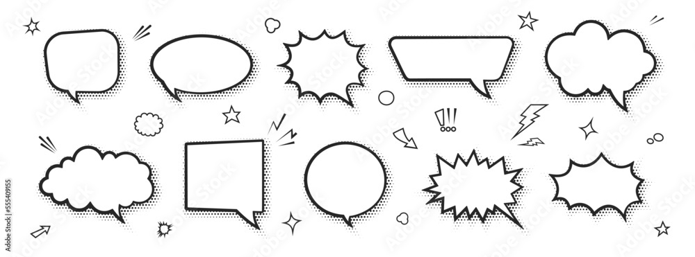 Cartoon empty retro comic style speech bubbles set with black halftone shadows. Hand drawn pop art, vintage speech clouds, thinking bubbles, and conversation text elements. Vector illustration - obrazy, fototapety, plakaty 