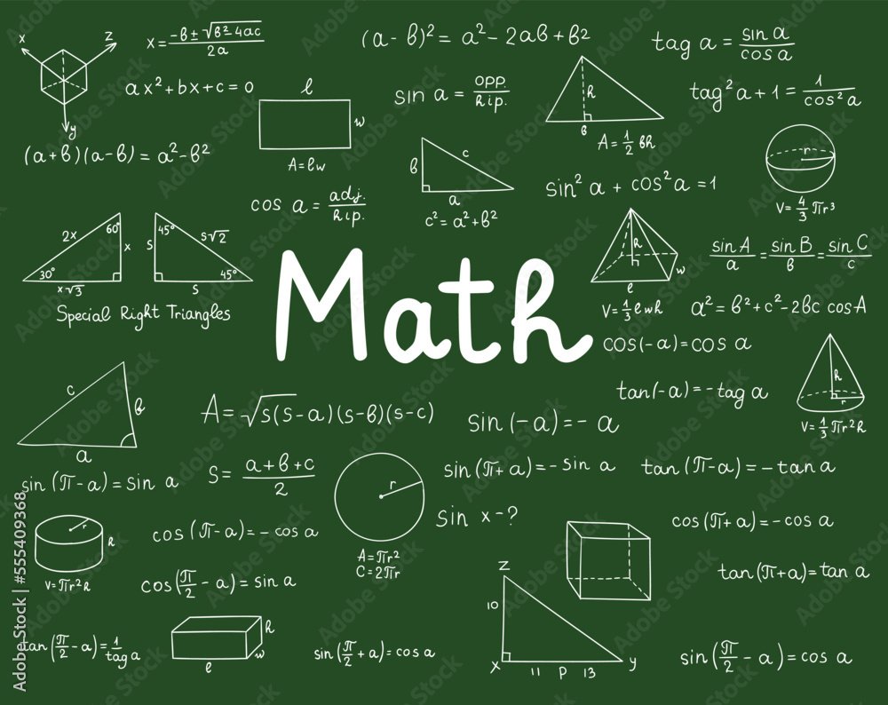 Maths doodle. Hand drawn mathematics formulas on chalkboard for background, banner, book cover and etc. Education industry. Mathematical theory of school education Maths doodle. Hand drawn mathematics formulas on chalkboard for background, banner, book cover and etc. Education industry. Mathematical theory of school education