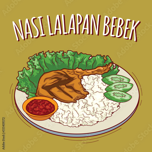 Nasi lalapan bebek illustration Indonesian food with cartoon style