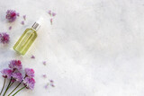 Meadow medicinal herbs essential oil in bottles with flowers