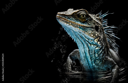 Blue dragon lizard sitting on black background. Generative AI illustration of blue dragon lizard. Blue reptile on black background. Zoo reptile background.