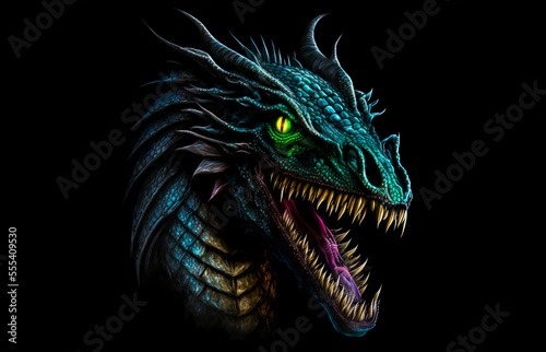 Green dragon head on a black background. Generative AI Illistration of ancient greent forest poison dragon on black background. Dragons background. Place for text.