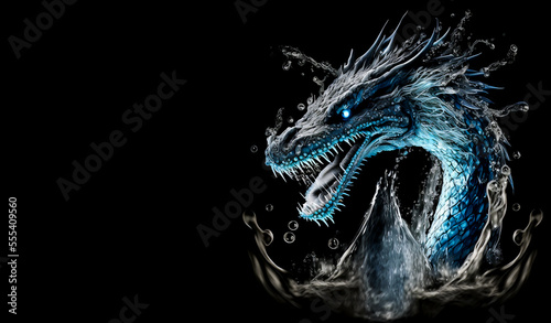 Water dragon head on a black background. Generative AI Illistration of ancient water blue dragon on black background. Dragons background. Place for text. photo