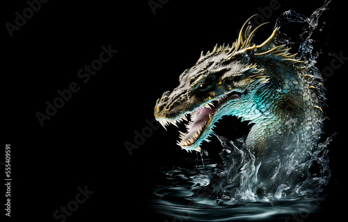 Water dragon head on a black background. Generative AI Illistration of ancient water blue dragon on black background. Dragons background. Place for text.