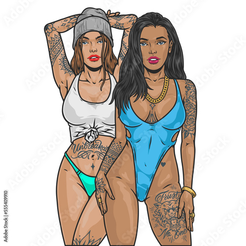Bikini tattoo girls colorful label