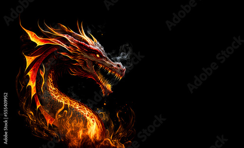 Fire dragon head on a black background. Generative AI Illistration of ancient red dragon on black background. Dragons background. Place for text.