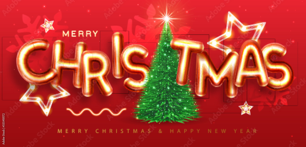 Merry Christmas holiday poster with 3D chromic letters and Christmas tree. Holiday greeting card. Vector illustration