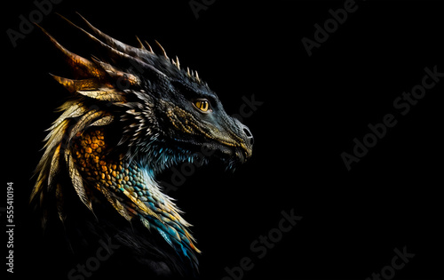Dragon head close up on a black background. Generative AI Illistration of ancient beautiful dragon on black background. Dragons background. Place for text. © Sergie