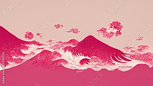 Modern, retro, traditional and classic Japanese Ukiyo-e style design elements in the style of Katsushika Hokusai with pink mountains and waves and Japanese paper texture generated by Ai