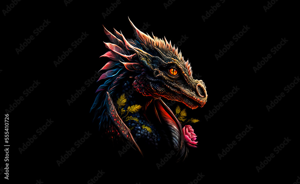 Pink dragon head on a black background. Generative AI Illistration of ancient flower pink dragon on black background. Dragons background. Place for text.