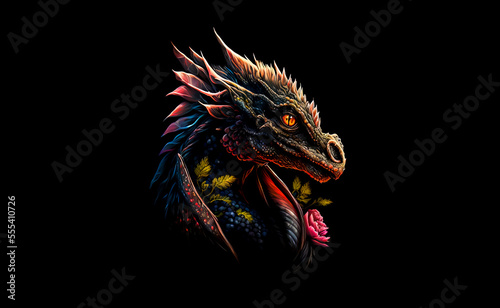 Pink dragon head on a black background. Generative AI Illistration of ancient flower pink dragon on black background. Dragons background. Place for text. © Sergie