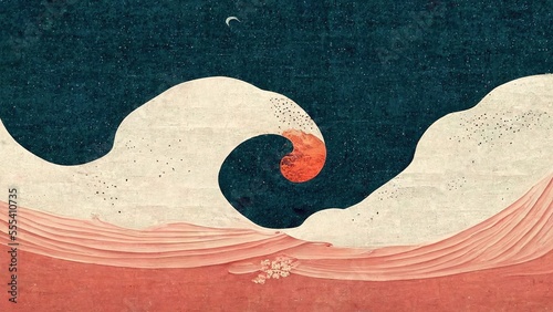 Pink simple waves and dark green sky, abstract and striking, retro and elegant, in the style of Ukiyoe by Katsushika Hokusai, Japanese traditional and graphic design produced by Ai