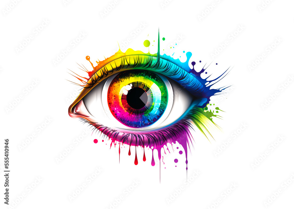 Colorful female eye with leaked mascara on white background. Rainbow color female eye on white background. Generative AI beautiful female eye illustraion. Vision or eyes make up design element.