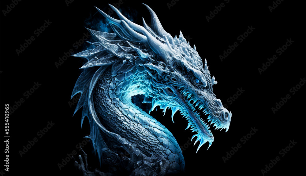 Ice dragon head on a black background. Generative AI Illistration of ancient frost blue dragon on black background. Dragons background. Place for text.