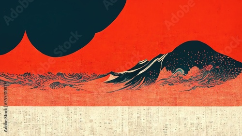 Sunset landscape mountains, modern, retro, traditional and classic Japanese Ukiyo-e style design elements in the style of Katsushika Hokusai with Japanese paper textures generated by Ai