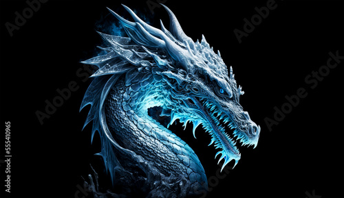 Ice dragon head on a black background. Generative AI Illistration of ancient frost blue dragon on black background. Dragons background. Place for text. © Sergie