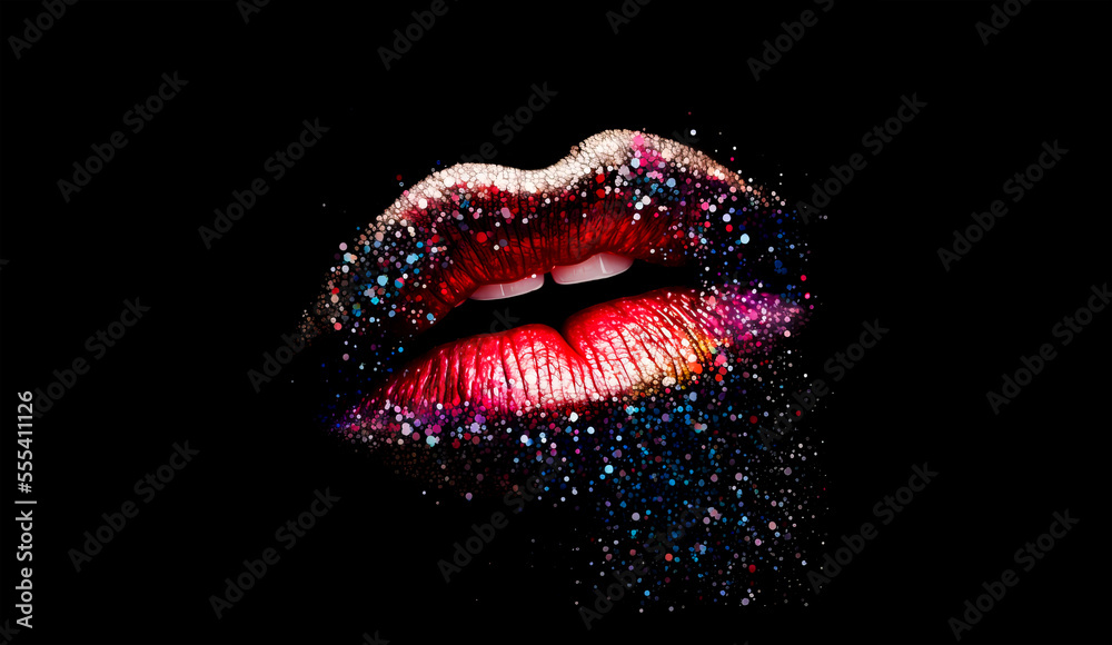 Colorful female lips with paint leaks and drops on white background. Red perfect female lips. Generative AI rainbow female lips illustration. Free love or lips cosmetics design concept. Colorful female lips with paint leaks and drops on white background. Red perfect female lips. Generative AI rainbow female lips illustration. Free love or lips cosmetics design concept.