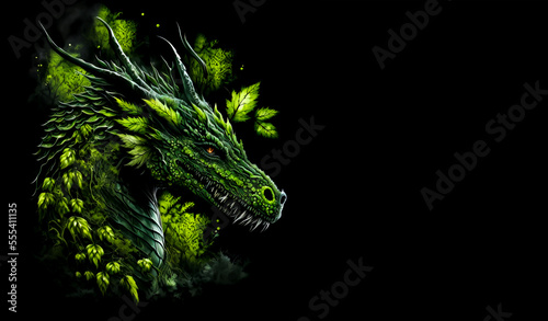 Green dragon head on a black background. Generative AI Illistration of ancient greent forest poison dragon on black background. Dragons background. Place for text.