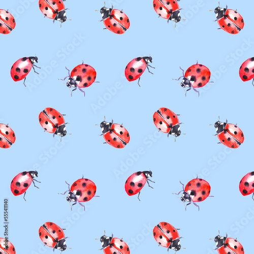 Ladybug pattern , fabric pattern , insect, red bugs, beetle, watercolor illustration	 