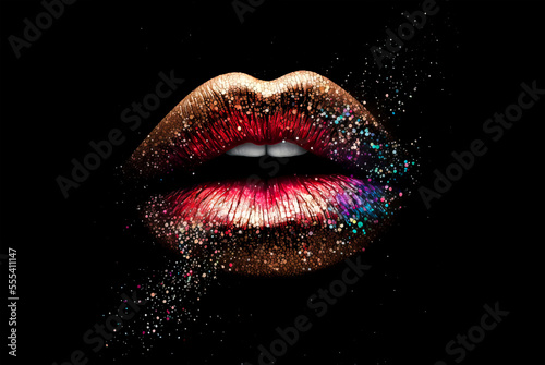 Colorful female lips with paint leaks and drops on white background. Red perfect female lips. Generative AI rainbow female lips illustration. Free love or lips cosmetics design concept.