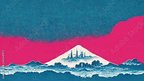 Fuji in cyberpunk style, modern, retro, traditional and classic Japanese Ukiyo-e style design elements in the style of Katsushika Hokusai with Japanese paper texture generated by Ai