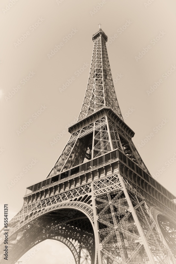 Paris Eiffel Tower. Vintage faded postcard sepia tone. Retro paper style.