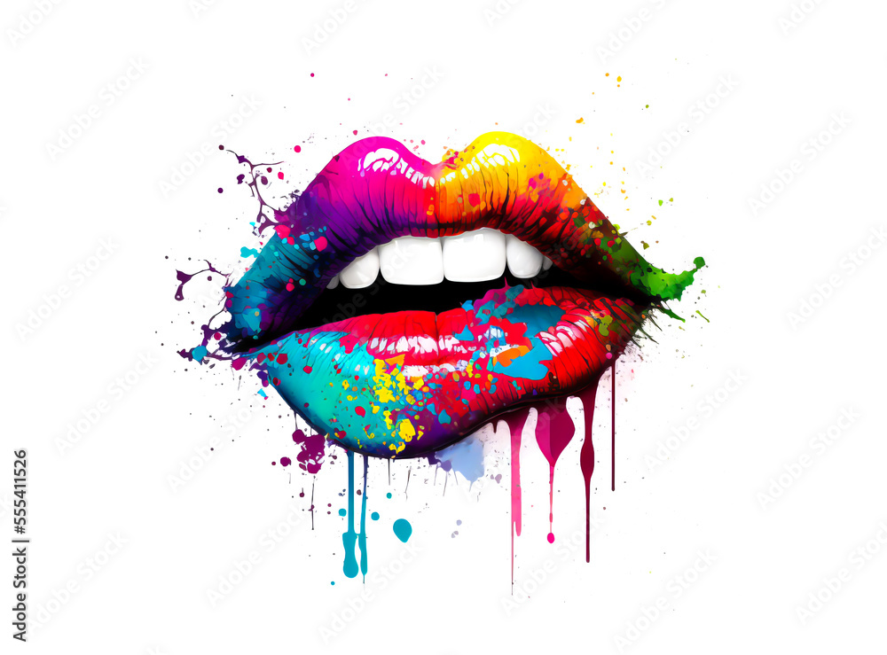 Colorful female lips with paint leaks and drops on white background. Rainbow paint female lips. Generative AI rainbow female lips illustration. Free love or lips cosmetics design concept. - obrazy, fototapety, plakaty 