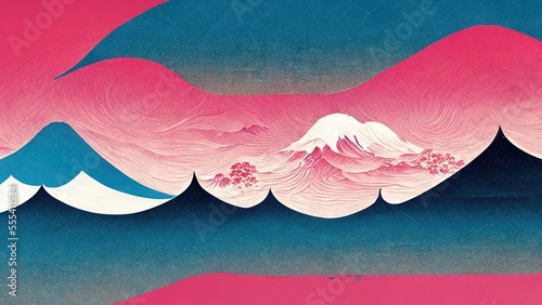 Modern, retro, traditional and classic Japanese Ukiyo-e style design elements in the style of Katsushika Hokusai with blue mountains and pink sky, Japanese paper texture generated by Ai