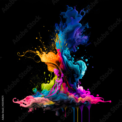 Abstract multi color paint explosion on black background. Paint clouds on black background illustration. Colorful smoke texture. Generative AI colorfull fume in water illustration.