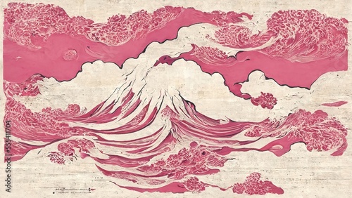 Pink mountain surface and sky, abstract and striking, retro and elegant, produced by Japanese traditional and graphic design Ai in the style of Ukiyoe by Katsushika Hokusai