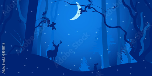 Silhouette landscape of the forest with animals. Blue colors. Night landscape. Background picture, template, banner.