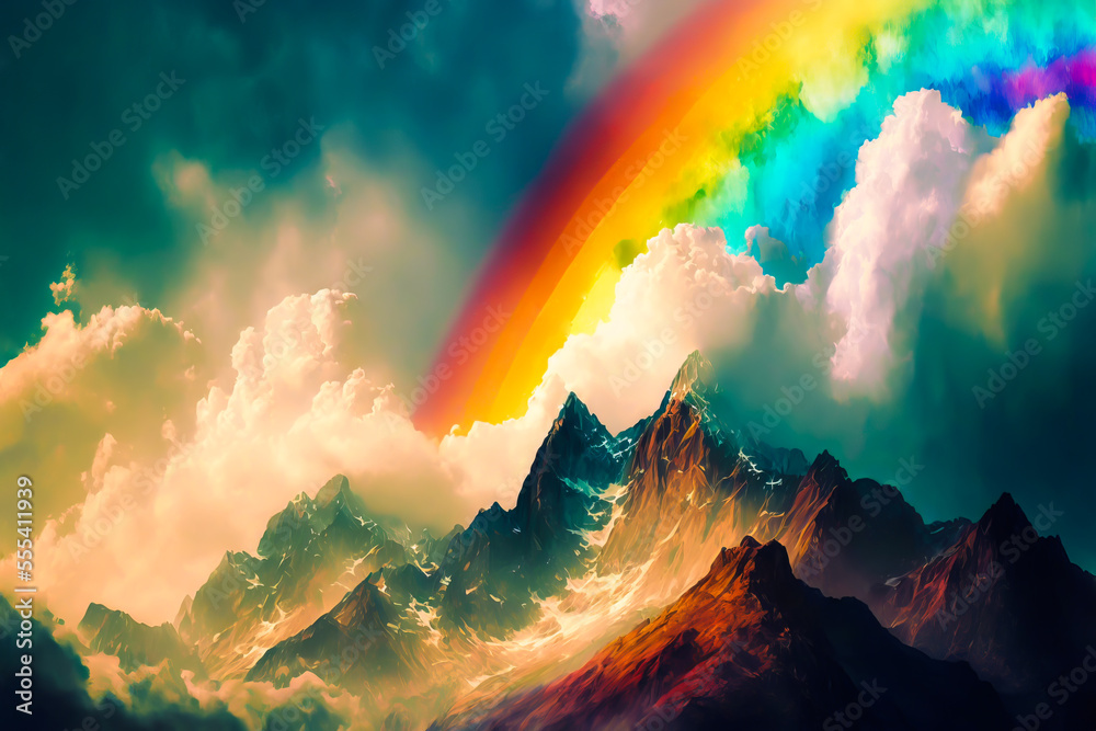 Rainbow above mountains. Mountain peaks in clouds with bright rainbow background. Mountain background. Generative AI mountain rainbow illustration