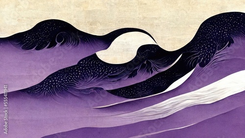 Purple and black waves, abstract and striking, retro and elegant in the ukiyo-e style of Katsushika Hokusai produced by Japanese traditional and graphic design Ai