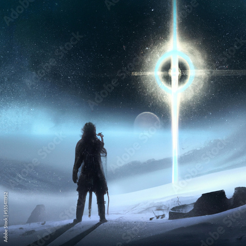 Winter solstice image, a snowy landscape with abstract fantasy warrior and a glowing winter star with symbols generative ai illustration photo