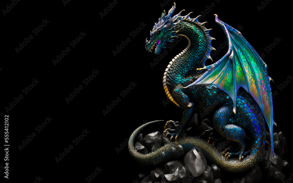 Obraz premium Crystal dragon sitting on a rock on a black background. Generative AI Illistration of ancient crystal rainbow dragon on black background. Dragons background. Place for text.