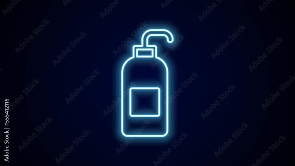 Glowing neon line Bottle of liquid antibacterial soap with dispenser icon isolated on black background. Antiseptic. Disinfection, hygiene, skin care. 4K Video motion graphic animation
