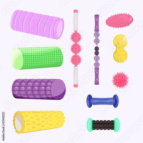 A set of equipment for training myofascial release, self-massage. Smooth, soft, hard, ribbed massage rolls. Regular and double balls. Massager Bar 
Vector illustration.

