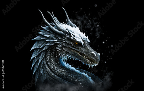 Ice dragon head on a black background. Generative AI Illistration of ancient frost blue dragon on black background. Dragons background. Place for text. © Sergie