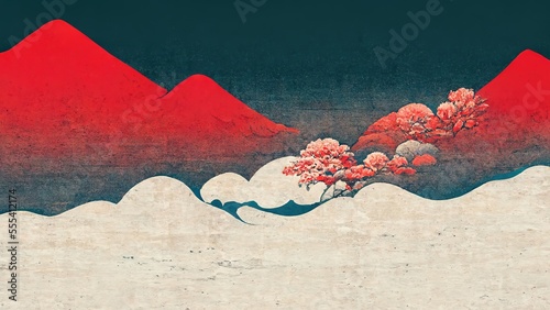 Red mountains, blue sky and white clouds, modern, retro, traditional and classic Japanese Ukiyo-e style design elements in the style of Katsushika Hokusai with Japanese paper texture generated by Ai photo