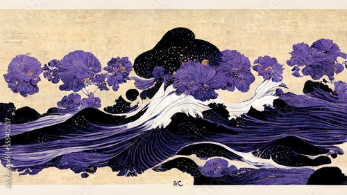 Raging waves in purple and black, abstract and striking, retro and elegant in the ukiyoe style of Katsushika Hokusai, Japanese traditional and graphic design produced by Ai