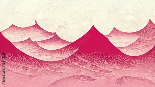 Cyberpunk style of pink mountains, abstract and striking, retro and elegant, Japanese traditional and graphic design in the style of Ukiyoe by Katsushika Hokusai, produced by Ai
