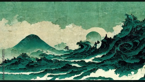Modern, retro, traditional and classic Japanese Ukiyo-e style design elements in the style of Katsushika Hokusai with emerald green waves, Japanese paper texture generated by Ai